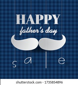 Happy Fathers Day sale banner. Concept for poster, flyer. Holiday design, checkered blue background,  paper cut out mustache shaped , paper cut out art style, vector illustration . hanging letters