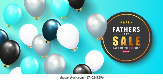 Happy Father's Day sale banner with flying balloons.Design template for posters,flyers, invitation, promotional materials, brochure, voucher discount.
