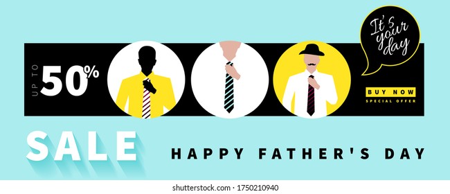 Happy Father's Day Sale banner template design. Modern and trendy holiday background for invitation, greeting card, print. Attractive sales man with suit tie vector silhouette.