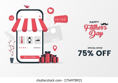 Happy father's day sale banner or promotion on blue background. online shopping store with mobile , credit cards and shop elements.vecto illustration. EPS 10