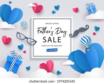 Happy Father's Day Sale banner, greeting card, poster or flyer design with flying origami hearts over clouds, air balloons, paper mustache, glasses and gift boxes. Paper art, digital craft style.