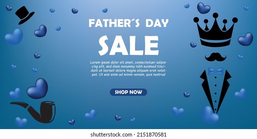 Happy father's day sale banner or promotion on blue background. background with father's day symbols