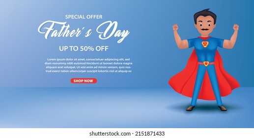 Happy father's day sale banner or promotion on blue background. super dad