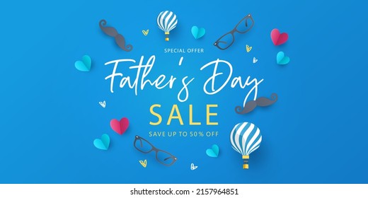 Happy Father's Day Sale Banner, Poster Or Flyer Design With Flying Origami Hearts Over Clouds With Air Balloons, Paper Mustache, Glasses And Bow Tie. Paper Art, Digital Craft Style. 