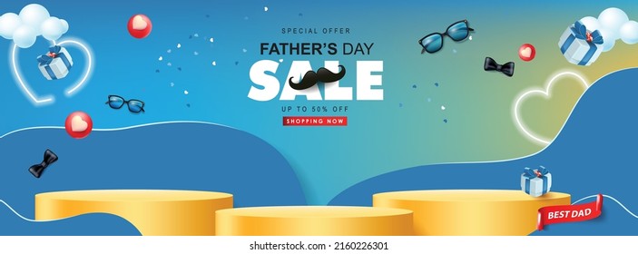 Happy Father's Day sale banner poster with product display cylindrical shape and gift box for dad on blue background