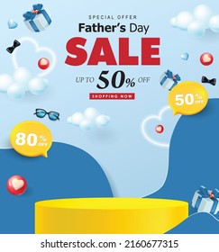 Happy Father's Day sale banner with product display cylindrical shape and gift box for dad on blue background