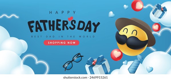 Happy Fathers Day Sale Banner Hintergrund mit Schnurrbart Smiley Charakter 