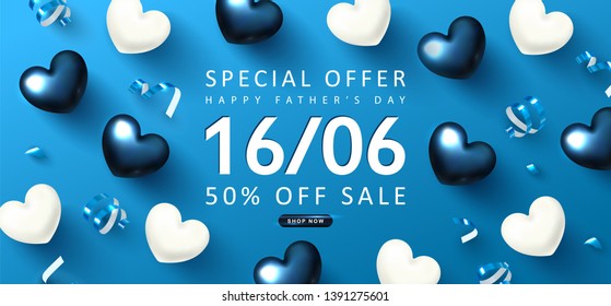 Happy Father's day Sale banner.Background with gift hearts and streamers.Vector illustration