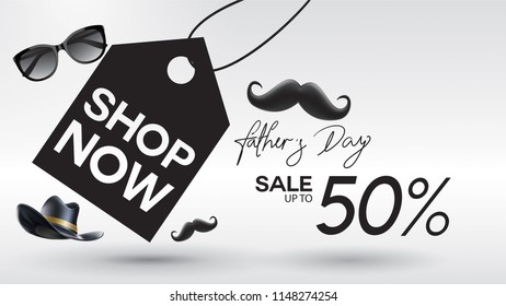 Happy Father's Day, Sale Creative promotion Poster or banner shopping template Design with 50% Off Offers. three dimensional concept vector illustration with lettering background
