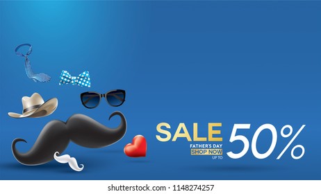 Happy Father's Day, Sale Creative promotion Poster or banner shopping template Design with 50% Off Offers. three dimensional concept vector illustration with lettering background