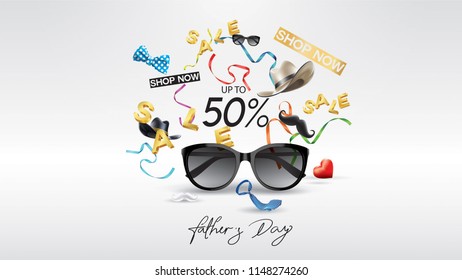 Happy Father's Day, Sale Creative promotion Poster or banner shopping template Design with 50% Off Offers. three dimensional concept vector illustration with lettering background