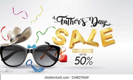 Happy Father's Day, Sale Creative promotion Poster or banner shopping template Design with 50% Off Offers. three dimensional concept vector illustration with lettering background
