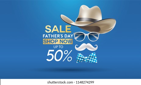 Happy Father's Day, Sale Creative promotion Poster or banner shopping template Design with 50% Off Offers. three dimensional concept vector illustration with lettering background