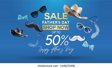 Happy Father's Day, Sale Creative promotion Poster or banner shopping template Design with 50% Off Offers. three dimensional concept vector illustration with lettering background