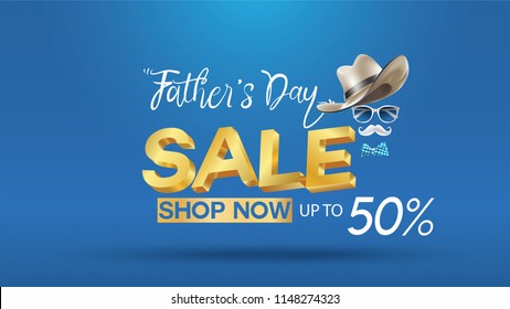 Happy Father's Day, Sale Creative promotion Poster or banner shopping template Design with 50% Off Offers. three dimensional concept vector illustration with lettering background