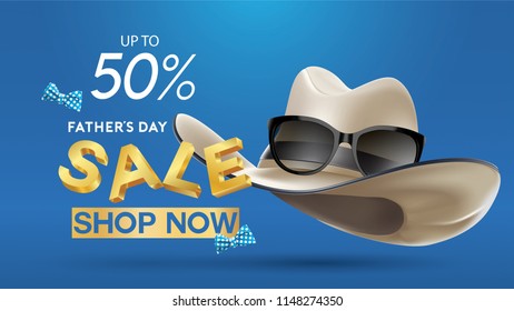 Happy Father's Day, Sale Creative promotion Poster or banner shopping template Design with 50% Off Offers. three dimensional concept vector illustration with lettering background