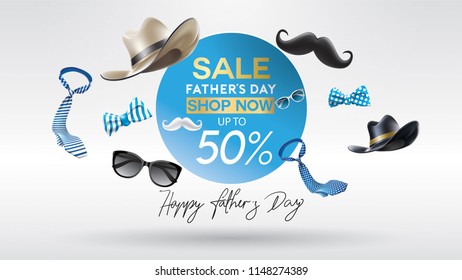 Happy Father's Day, Sale Creative promotion Poster or banner shopping template Design with 50% Off Offers. three dimensional concept vector illustration with lettering background