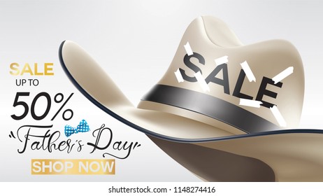 Happy Father's Day, Sale Creative promotion Poster or banner shopping template Design with 50% Off Offers. three dimensional concept vector illustration with lettering background