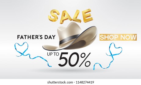Happy Father's Day, Sale Creative promotion Poster or banner shopping template Design with 50% Off Offers. three dimensional concept vector illustration with lettering background