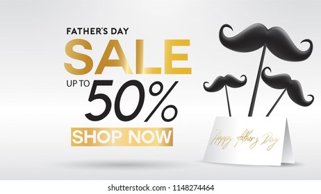 Happy Father's Day, Sale Creative promotion Poster or banner shopping template Design with 50% Off Offers. three dimensional concept vector illustration with lettering background