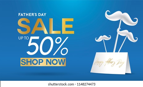 Happy Father's Day, Sale Creative promotion Poster or banner shopping template Design with 50% Off Offers. three dimensional concept vector illustration with lettering background