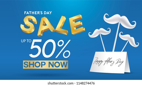 Happy Father's Day, Sale Creative promotion Poster or banner shopping template Design with 50% Off Offers. three dimensional concept vector illustration with lettering background