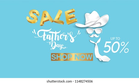 Happy Father's Day, Sale Creative promotion Poster or banner shopping template Design with 50% Off Offers. three dimensional concept vector illustration with lettering background