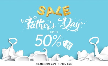 Happy Father's Day, Sale Creative promotion Poster or banner shopping template Design with 50% Off Offers. three dimensional concept vector illustration with lettering background