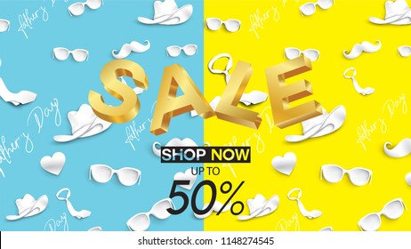 Happy Father's Day, Sale Creative promotion Poster or banner shopping template Design with 50% Off Offers. three dimensional concept vector illustration with lettering background