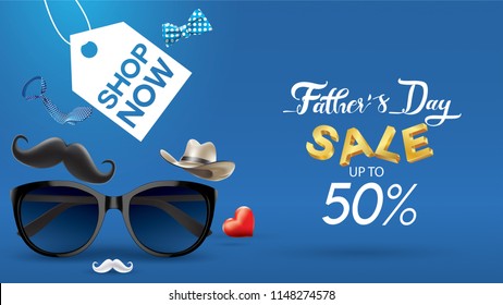 Happy Father's Day, Sale Creative promotion Poster or banner shopping template Design with 50% Off Offers. three dimensional concept vector illustration with lettering background