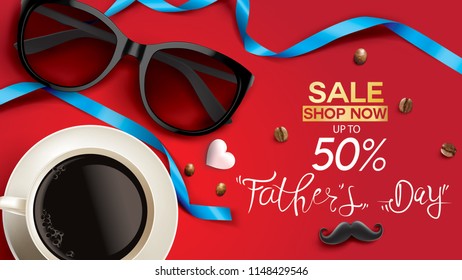 Happy Father's Day, Sale Creative promotion Poster or banner shopping template Design with 50% Off Offers. three dimensional concept vector illustration with lettering background