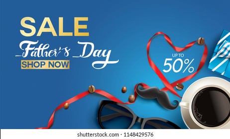 Happy Father's Day, Sale Creative promotion Poster or banner shopping template Design with 50% Off Offers. three dimensional concept vector illustration with lettering background