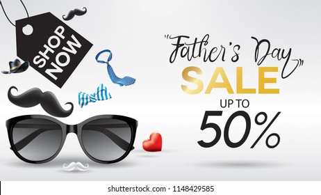 Happy Father's Day, Sale Creative promotion Poster or banner shopping template Design with 50% Off Offers. three dimensional concept vector illustration with lettering background