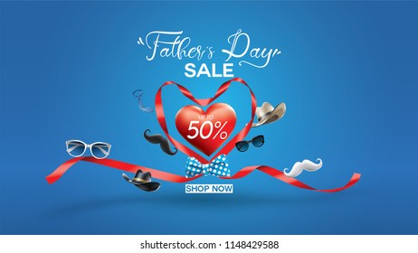 Happy Father's Day, Sale Creative promotion Poster or banner shopping template Design with 50% Off Offers. three dimensional concept vector illustration with lettering background