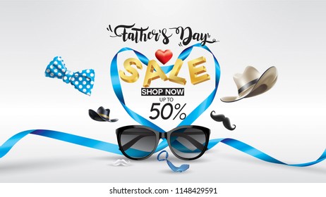 Happy Father's Day, Sale Creative promotion Poster or banner shopping template Design with 50% Off Offers. three dimensional concept vector illustration with lettering background