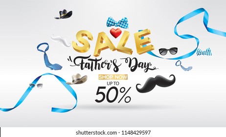 Happy Father's Day, Sale Creative promotion Poster or banner shopping template Design with 50% Off Offers. three dimensional concept vector illustration with lettering background