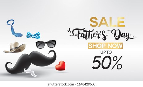 Happy Father's Day, Sale Creative promotion Poster or banner shopping template Design with 50% Off Offers. three dimensional concept vector illustration with lettering background