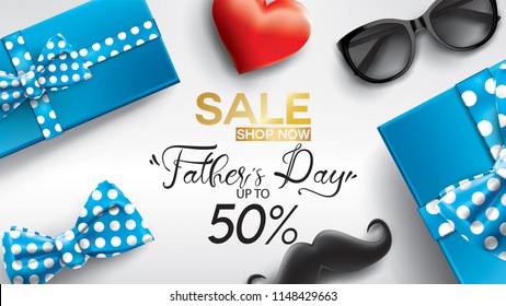 Happy Father's Day, Sale Creative promotion Poster or banner shopping template Design with 50% Off Offers. three dimensional concept vector illustration with lettering background