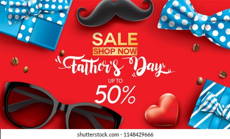 Happy Father's Day, Sale Creative promotion Poster or banner shopping template Design with 50% Off Offers. three dimensional concept vector illustration with lettering background