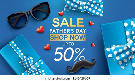 Happy Father's Day, Sale Creative promotion Poster or banner shopping template Design with 50% Off Offers. three dimensional concept vector illustration with lettering background