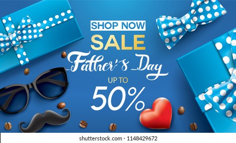 Happy Father's Day, Sale Creative promotion Poster or banner shopping template Design with 50% Off Offers. three dimensional concept vector illustration with lettering background