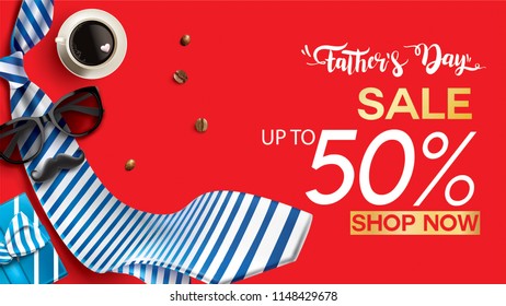 Happy Father's Day, Sale Creative promotion Poster or banner shopping template Design with 50% Off Offers. three dimensional concept vector illustration with lettering background