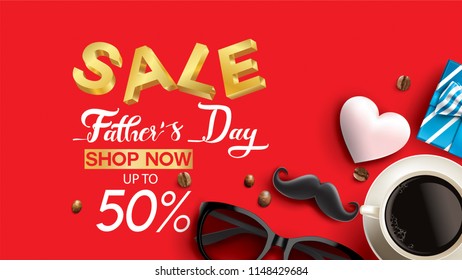 Happy Father's Day, Sale Creative promotion Poster or banner shopping template Design with 50% Off Offers. three dimensional concept vector illustration with lettering background