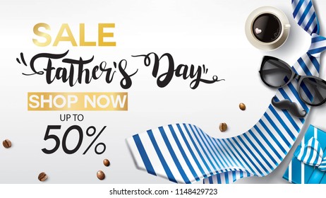Happy Father's Day, Sale Creative promotion Poster or banner shopping template Design with 50% Off Offers. three dimensional concept vector illustration with lettering background