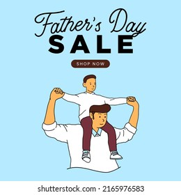 Feliz Día del Padre vendiendo tarjetas de felicitación linda ilustración. Te amo, papá. Ilustración de padre e hijo en una pancarta de fondo azul. Promoción del día del padre y publicidad de venta.