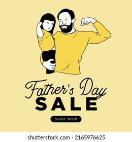 Feliz Día del Padre vendiendo tarjetas de felicitación linda ilustración. El mejor papá de todos y yo te amo, papá. Cartel de arte de padre, hija e hijo. Promoción del día del padre y publicidad de venta.