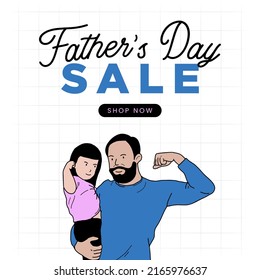 Feliz Día del Padre vendiendo tarjetas de felicitación linda ilustración. El mejor papá de todos y yo te amo, papá. Cartel de arte de padre, hija e hijo. Promoción del día del padre y publicidad de venta.