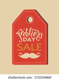 Happy father's day SALE. Hand drawn text lettering on a red tag. Typography, texts, invitations, social media, prints, banner, label, inscription, promotion, poster, flyer, web-banner, art