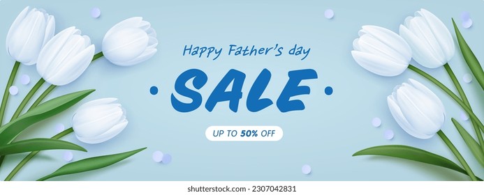 Happy Father's day sale horizontal banner. Realistic blue tulips on blue background. Vector illustration