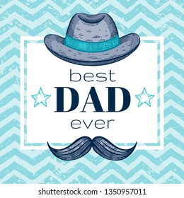 Happy Father's day sale offer. Cute poster with mustache, retro bowler hat for best Dad. Cool father sketch drawing with elegant typography. Fedora pot hat with text, star isolated on blue background 